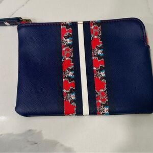 Anthropologie Blue and Red Striped Pouch makeup cosmetic bag